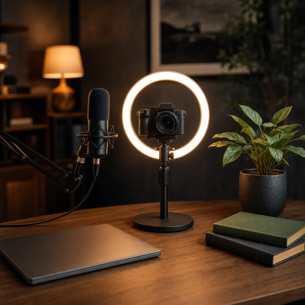 A warm home video-call studio set-up: a camera at eye level, a ring light, a microphone on a boom arm and a plant